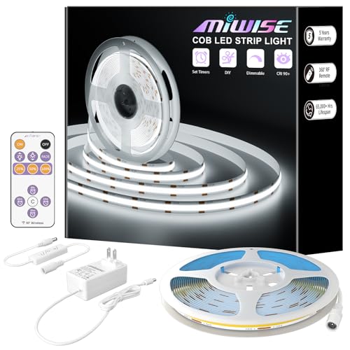 MIWISE COB LED Strip 6000K Daylight White 20ft Super Bright Dimmable 24V Flexible Strip Light CRI 90+ with RF Remote Control for Home Cabinet Lighting