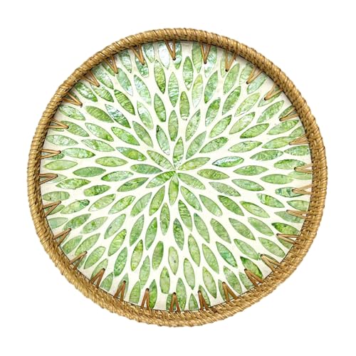 Round Rattan Tray with Mother of Pearl Inlay, Decorative Rattan Serving Tray for Home Boho Decor, Coffee Table, Bread, Food, Tea, Ottoman Trays-Fruit Wicker Basket, 100% Natural Materials Green- 13.8