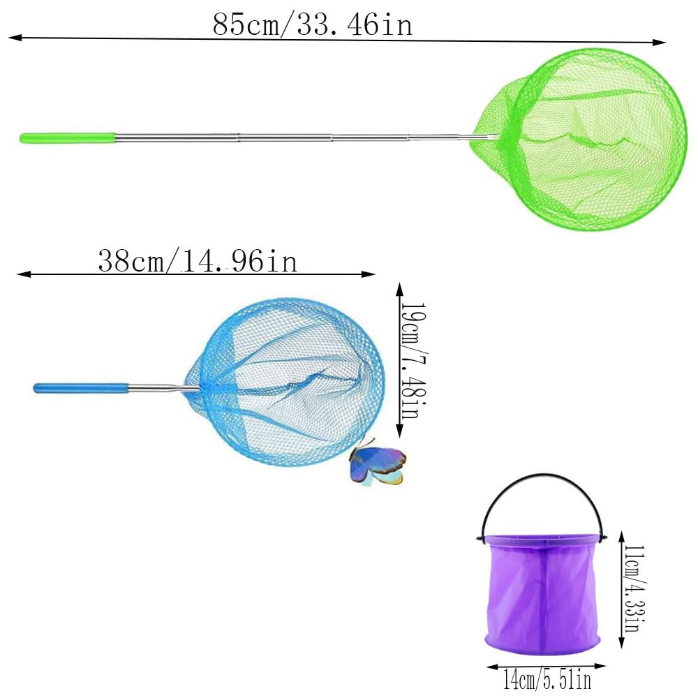 Lot De 3 épuisettes Télescopiques Et 3 Seaux Pliables – Filet Papillon Pour Pêche En Extérieur, Pratique Et Transportable