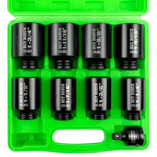 BUYROBUS 1/2 Drive Impact Socket Set 9-Piece Standard SAE Deep Axle Nut Sockets 6-Point Cr-Mo 1-1/41-3/81-7/161-1/21-9/161-5/81-11/161-3/4 Impact Socket Adapter (3/4 x 1/2)