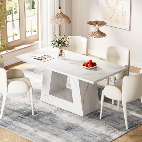 Tribesigns Dining Table for 4 to 6 People, 160cm Rectangular Dining Room Table, Modern Wooden Faux Marble Dinner Table with Sturdy Base for Kitchen, Living Room