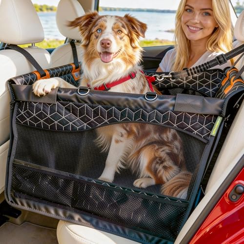 Dog Car Seat for Large Medium Dogs Back Seat Extender for Pets with Hard Bottom Waterproof Dog Seat Cover with 3 Mesh Windows Removable Fleece Mat for Cars SUVs Trucks