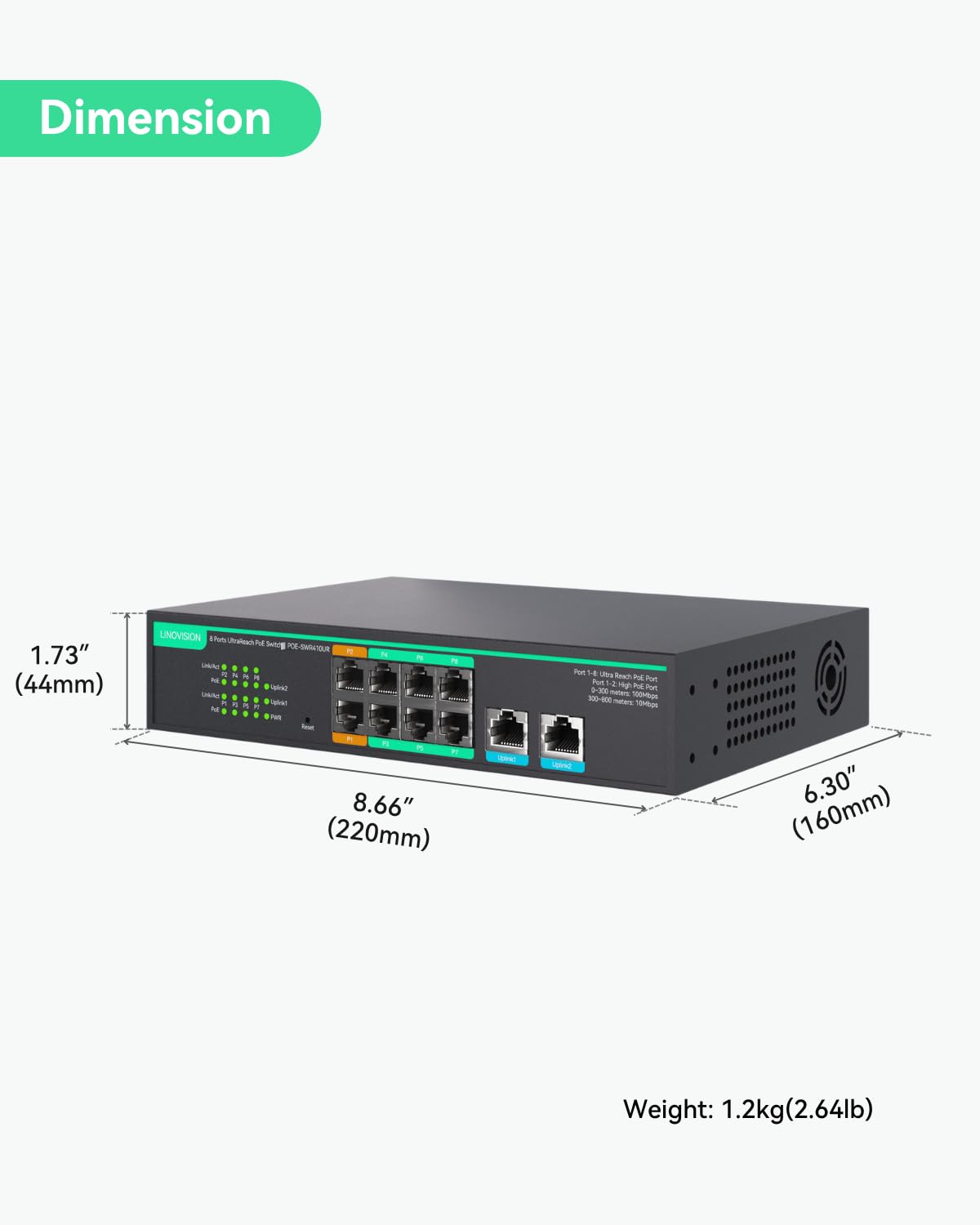 LINOVISION 8 Ports UltraReach PoE Switch Max 800m (2600ft) Long-Range PoE, 2 High PoE+ Ports, Gestion Cloud à Distance, Alimentation 110W Intégrée pour CamérasIP, PTZ, Points d'Accès et Téléphone VoIP