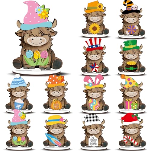 Menkxi Interchangeable Highland Cow Decor Seasonal Wooden Signs...