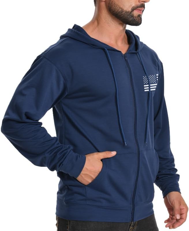 H HYFOL Men's Lightweight Full-Zip USA Flag Graphic Long Sleeve Hoodie American Patriotic Casual Sweatshirt