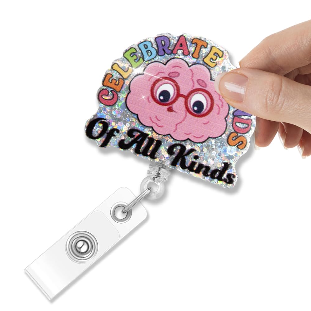 Celebrate Minds Of All Kinds Badge Reel – Glitter Retractable ID Holder For Autism & ADHD Awareness, SPED Teachers, BCBAs - View #4