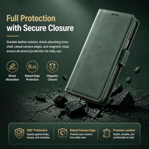 Image of FASHINA S26 Leather Flip Wallet Case with Magnetic Closure, Card Holder Slots, Shockproof Inner Cover, Premium Leather Finish for Complete 360 Protection Green