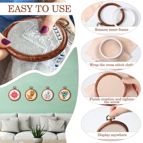 Burbell 15 Pcs 4 Inch Round Embroidery Hoops Frame Circle Rubber Hoops Ring Display Cross Stitch Ornament Imitated Wood Frame Kits for Christmas Halloween Craft Sewing DIY Hanging Gifts
