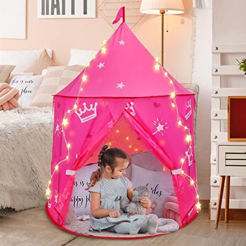 Pink Princess Play Tent for Kids, Opret Pop Up Castle Playhouse for Girls and Boy Easy Assemble Play Tent with Star Lights and Storage Bag for Indoor/Outdoor