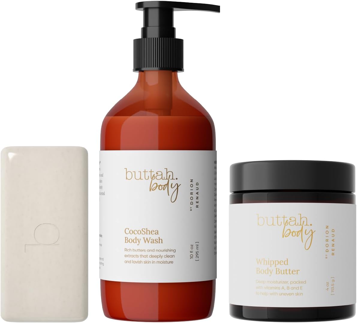 buttah. by Dorion Renaud Skin Body Trio for Melanin Rich Skin | Egyptian CocoShea Body Wash 10oz | Oatmeal Shea Bar 100g | Whipped Body Butter 4oz | Black Owned Skincare for Men & Women