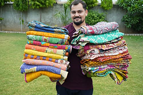 5 Piece Set Handmade Indian Vintage Kantha Quilts Reversible Bohemian Home Decor Blanket Bed Sheet Quilt For Sale – Assorted Color Twin Size 85X55 Inches #TOP3