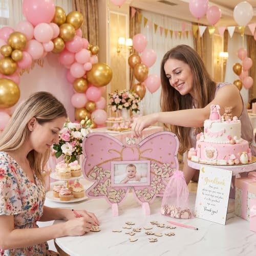 Image of Kosiz Pink Bow Baby Shower Guest Book, Coquette Aesthetic Acrylic Guest Book Alternative with Wooden Bows and Hearts for 60 Guests, Baby Shower Sign and Nursery Keepsake