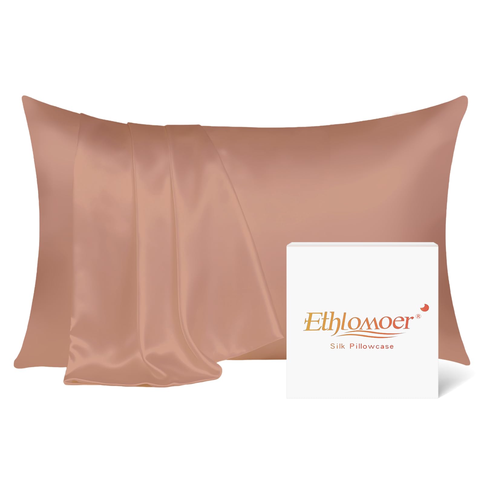 Ethlomoer 100% Natural Pure Silk Pillowcase for Hair and Skin, Both Side 19mm, Hypoallergenic, 600 Thread Count, Smooth Satin Pillowcase with Hidden Zipper, 50x75 cm (FleshPink)