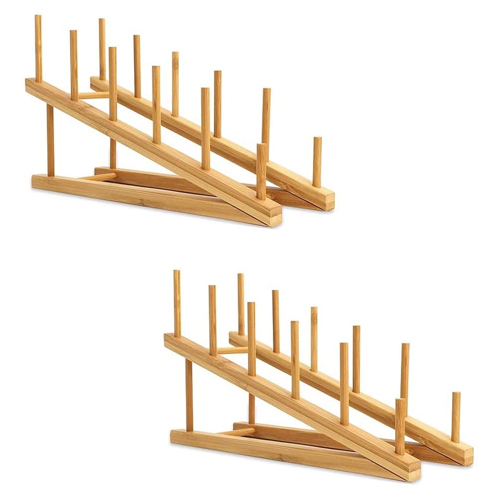 Stupottue 2 PCS Wooden Dish Rack Bamboo Plate Rack Stand Pot Lid Holder, Dish Drying Rack Kitchen Cabinet Organizer for Dish Plate