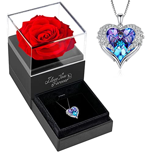 NEWNOVE Preserved Real Red Rose with Angel Wings Necklace for Women, Gifts for Mom Grandma from Daughter Son on Mothers Day, Flower Gifts for Her on Birthday, Anniversary, Valentine and Christmas