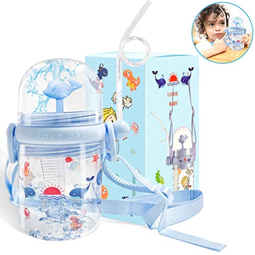 Haobuy - Botella de agua para niños con pajita, transparente con pulverizador de ballena para bebidas, deportivas, a prueba de fugas, botella con etiqueta de escala y correa para botella de agua, azul