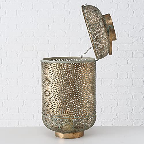 Moroccan Temple Lanterns, Set Of 2, Oversized Hurricanes, Vintage, Lacy Lattice Patterned Bellies, For Led Or Wax Candles, Patina Finish Brass Metal, Hinged Top, 26.5 And 19.75 Inches Tall #TOP4