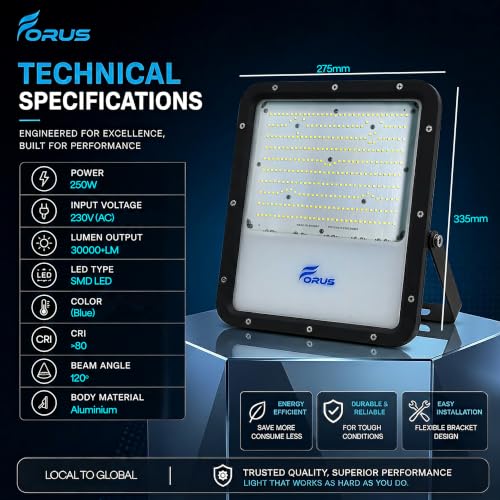 Image of Forus 250W LED Flood Light IP67 Waterproof, Blue Outdoor Decorative Floodlight for Garden Decor, Landscape, Parking, Warehouse, High Mast Security Light with 4 Year Warranty