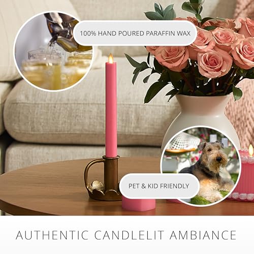 Image of Luminara Flameless Candle Taper (1 inch x 9.5 inch) Melted Top Real Wax Unscented Remote Ready Timer (Sweet Pink)