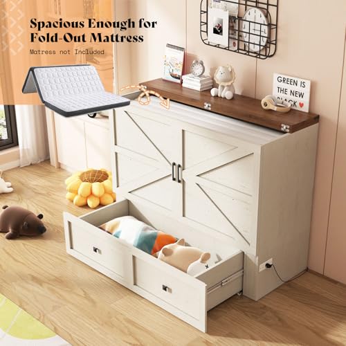 Image of AMERLIFE Full Murphy Bed with Storage & Charging Station, Farmhouse Murphy Cabinet with Foldable Panel, Noisy Free, for Guest Bedroom, Living Room, Office, Distressed White