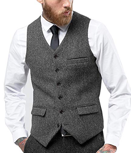 Tuikayoo Mens Herringbone Suits Vests Wool Business Tweed Retro Waistcoats Groomsman Slim Fit(Medium, Grey)