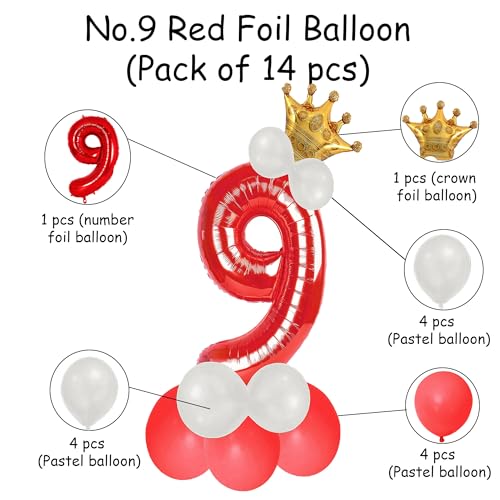 Image of Red 9 Number Foil Balloon with Crown & Base Balloons | 32 Inch Helium Supported for Birthday, Anniversary, Baby Shower Decoration - Pack of 14