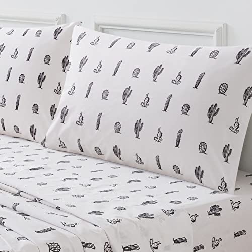 Soul & Lane X Leanna Laming Desert Dream Cactus Sheet Set (Twin Fitted Sheet, Flat Sheet, 1 Pillowcase): Cotton Twin Size Sheet, White And Gray Sheets For Twin Bed, Reversible Print Twin Sheets Set #TOP22