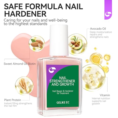 Image of Nail Strengthener and Growth for Damaged Nails: Nude Pink 15ml Protein Nail Hardener Extra Strong and Growth for Weak Nails - Gelike EC 6 in 1 Quick Dry Ridge Filler - Housewife Office Lady Home Care