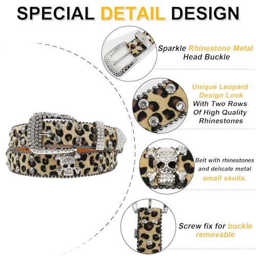 Rhinestone Skull Belt Men Women Skull Leopard Belt Punk Studded Skulls Belts Western Cowgirl BB Belts Y2k2
