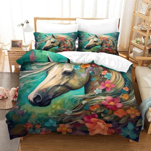 Housse de couette chevaux 3D parure de lit 3 pièces imprimé animal - 3
