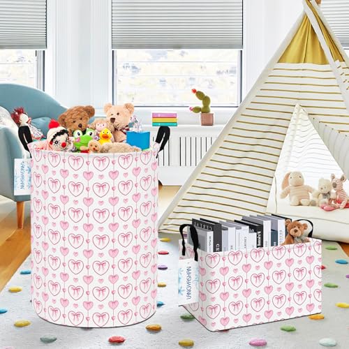 Image of Round Laundry Basket Collapsible Storage Hamper Organizer Pearl Heart | Waterproof Canvas Foldable Baskets with sturdy Handles Multi-scene Organizer for Home Play Bedroom Gift Bin