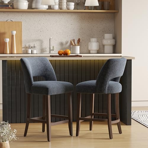Image of VKNOW Bar Stools Set of 2, 26 inch Upholstered Counter Height Bar Stools, Modern Counter Stools with Wood Legs for Kitchen Island Dining Room Bar, Navy Blue
