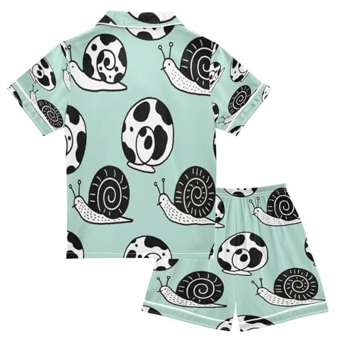 Satin Pajama Sets Short Sleeve Cute Cow Snail Pattern Button Down Silky Nightwear 2 Piece PJS 5-14Y2