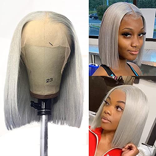 Human Hair Bob Wigs Lace Front 13x1 Short Bob Wig Brazilian Unprocessed Virgin Straight Hair Lace Frontal Wigs Bob Blunt Cut Wigs Thick 150% Density 10” Grey Color
