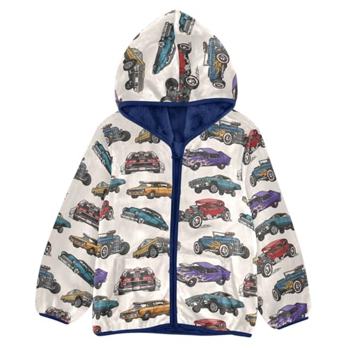 Retro Car Toddler Fleece Jacket Baby Boys Hooded Zipper Long Sleeve Thick Warm Outerwear 3-10 Years