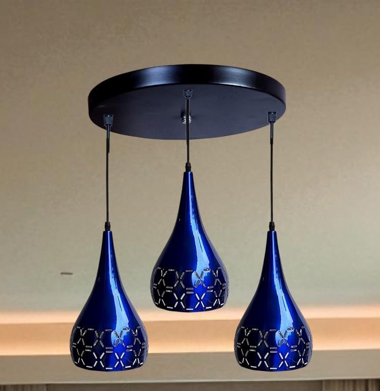 Image of GreyWings 3 Light Hanging Light for Home, Blue Aluminium Pendant Light with E27 Holder, Modern Ceiling Hanging Lamp for, Bulb Not Included, Cluster Set