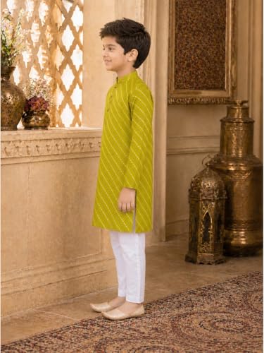 Image of superminis Cotton Boys Sanganeri Lehariya Printed Kurta Set with White Pyjama Elastic Closure