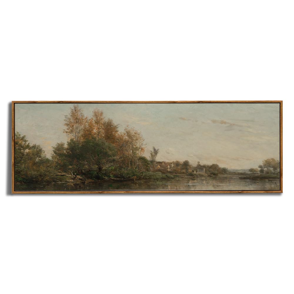 Framed Canvas Wall Art for Bedroom - Long Horizontal 13.5x40" Above the Bed - Vintage Farmhouse French Country - Lake Autumn Fall Forest River Landscape - Cottagecore Aesthetic Master Guest Room Decor