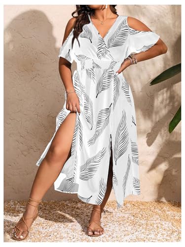 Image of Floerns Women's Plus Size Cold Shoulder Tropical Print V Neck Flared A Line Long Dress