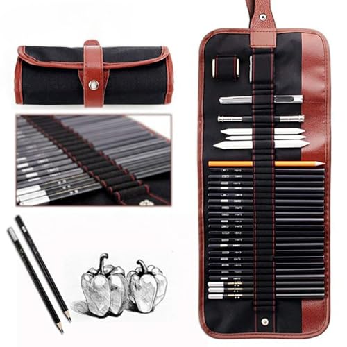 Kit Lápis de Desenho Profissional 29 Peças com Estojo Portátil, Lápis Artísticos, Borrachas, Estilete e Acessórios para Artistas e Estudantes Linha Super Premium 2H B HB 2B 3B 4B 5B 6B 7B 8B