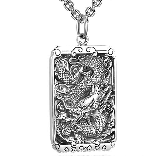 Aeici Pendentif Homme Bikers Pendentif Carré Gravé Dragon et Mantra Colliers Argent