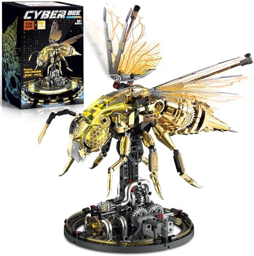 Mechanical Bee Building Set for Adults, Technic Animal Building Block Insect Model with Lights & Moving Wings, Golden Robot Bee Collectible Toy Kit, Creative Display & Gift Idea, 832Pcs