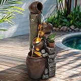 Autodaya 40" H Overszied Outdoor/Indoor Water Fountain with LED Lights and Pump, Cascading Pitchers Farmhouse Garden Fountain Waterfall for Patio, Porch, or Yard