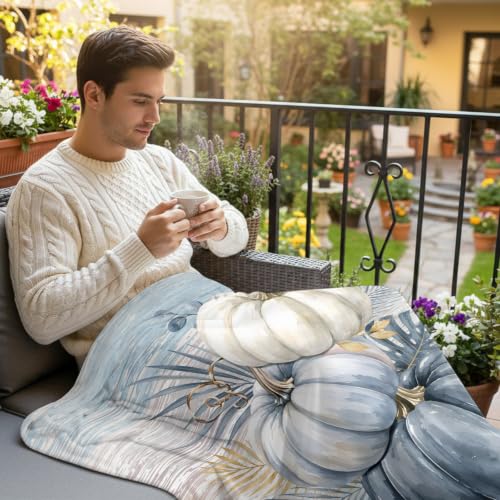 Fall Thanksgiving Flannel Blanket for Bed, Blue White Pumpkin Tropical Plants Rustic Soft Cozy Warm Couch Throw Blanket, Lightweight Fluffy Plush Bedding Blankets for Sofa Decor All Season 50"x60" - Image 4