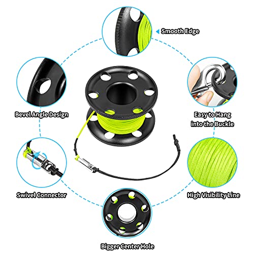 Pluzluce 100Ft Big Scuba Diving Reel, Aluminum Alloy Large Scuba Spool Finger Reel With Double-Ended Bolt Snap Clip For Underwater Scuba Diving Snorkeling Spearfishing (Yellow Line Black Reel) #TOP3