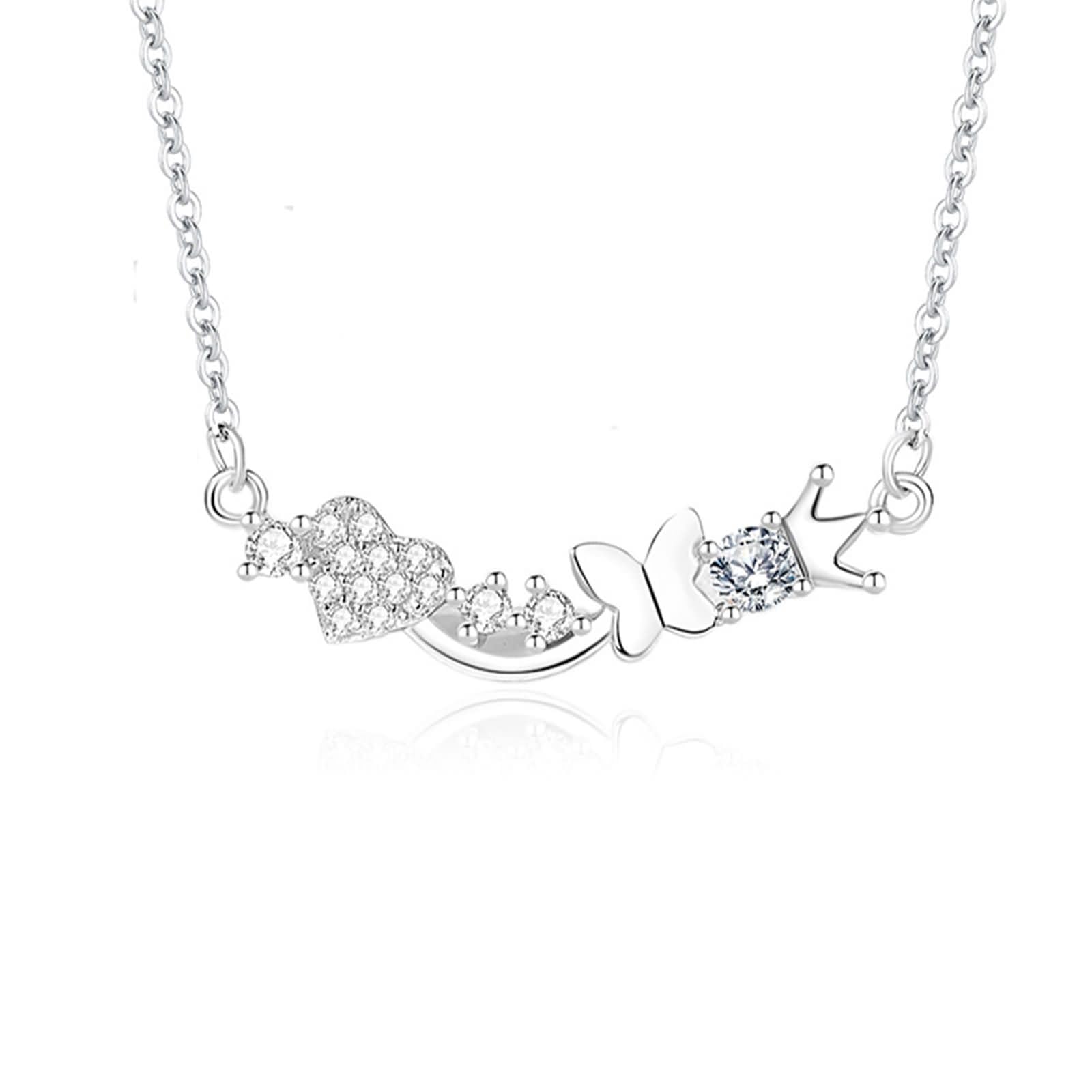 Collar con colgante para mujer, oro blanco de 9 quilates, 14 quilates, 18 quilates, corona de mariposa y corazón con moissanita, collar de plata para mujer de boda