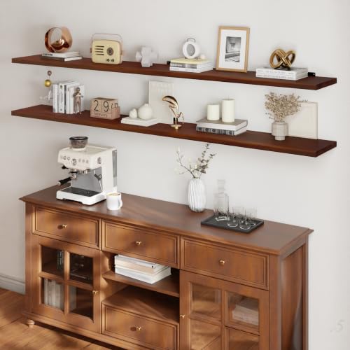 Image of 72 Inch Long Floating Shelf for Wall, 2 Tier Solid Wood Floating Book Shelf,Walnut Large Wall Shelf with Heavy Duty Brackets,Floating Bookshelf for Living Room