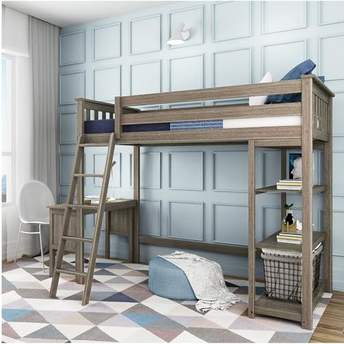 Image of Max & Lily High Loft Bed, Twin Bed Frame for Kids With Bookcase and Desk, Clay