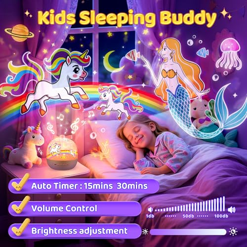 Image of PIKOY Night Light for Kids, 15 Films+15 Sound Machine for Kids Projector Light, 360 Rotation Princess Night Light Projector for Kids Room,Remote+Rechargeable Unicorn Lamp,Unicorn Gifts for Girls Toys