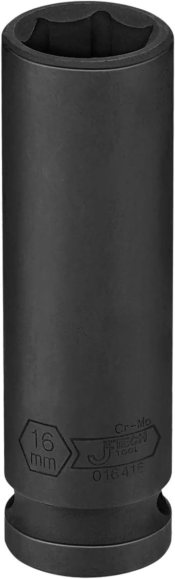 Jetech 16mm Deep Impact Socket Single - 1/2" Drive, 6-Point Metric, Chrome Molybdenum Steel (Cr-Mo) - Extra Long Reach for Large Bolts on Trucks & Equipment